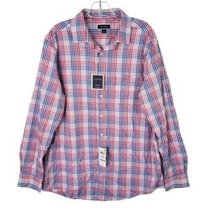 Club Room Mens Medium LS Tech Wovens Stretch‎ Performance Plaid Shirt Pink Combo